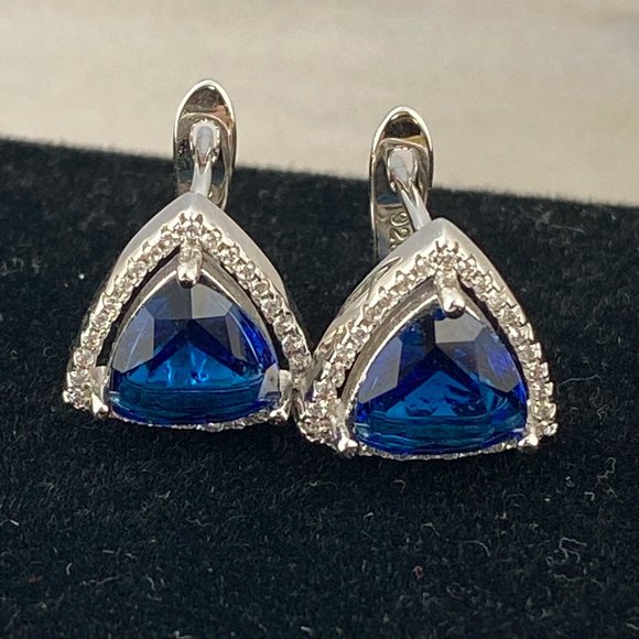 Exciting Blue Sapphire Trillion Cut Hinged Hoop with Post Earrings - Picture 2 of 5